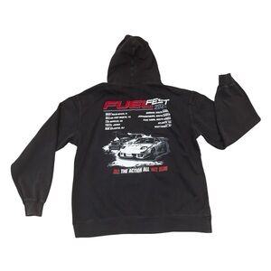 Fuel Fest gray hoodie, white & red graphic car prints, long sleeved, pocket, XL.